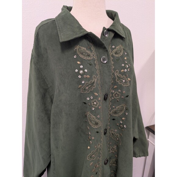 Vintage Erika Forest Green Faux Suede Top sz 3X Beaded Gold Trim Feminine Retro - Picture 3 of 8